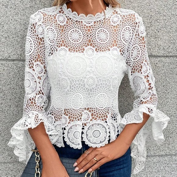 . Tops - White Boho Womens Guipure Lace Flounce Sleeve Blouse
